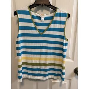 Talbots XL Sleeveless Sweater White Aqua Blue Green Striped V-neck Preowned